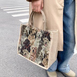 Tapestry Shopper Tote Bag Puppies on Beige background – Large Tote Mega Bag